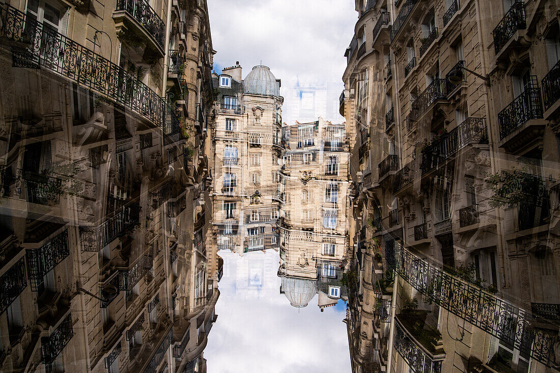 Double exposure of the typical Parisian facades of large residential blocks.