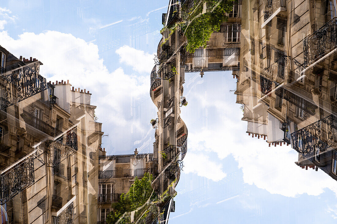 Double exposure of the typical Parisian facades of large residential blocks.