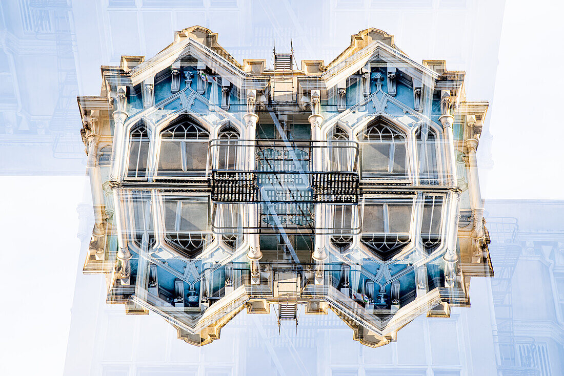 Double exposure of a wooden residential building on California street in San Francisco, California.