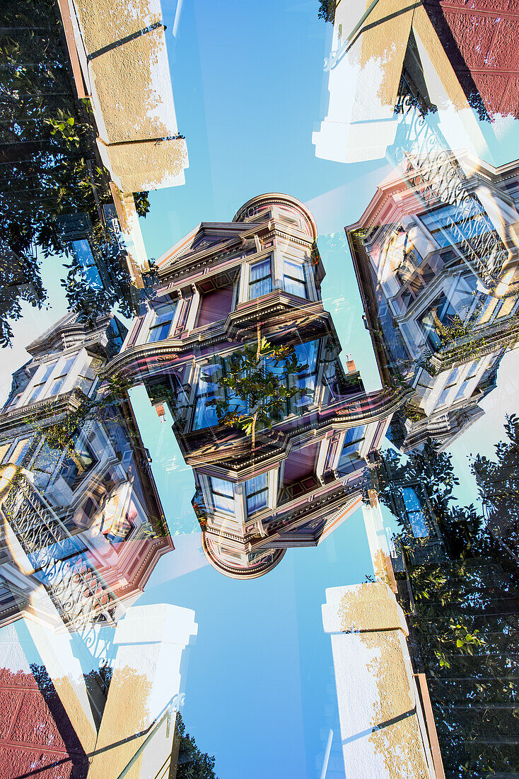 Double exposure of a Victorian style colorful wooden residential building on Hayes street in San Francisco, California.