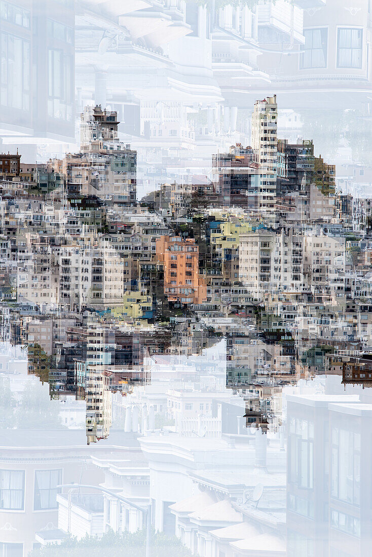 Double exposure view of downtown San Francisco from the top of Union Street, California.