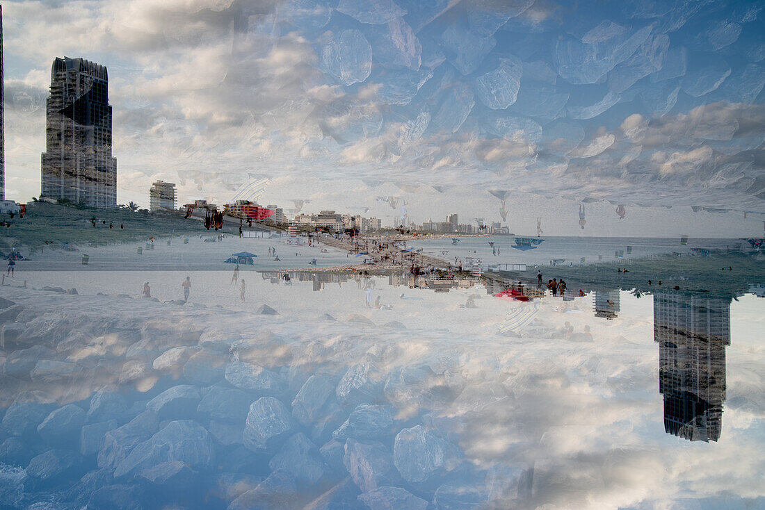 Double exposure of Miami beach seen from the South Pointe Park Pier, Florida