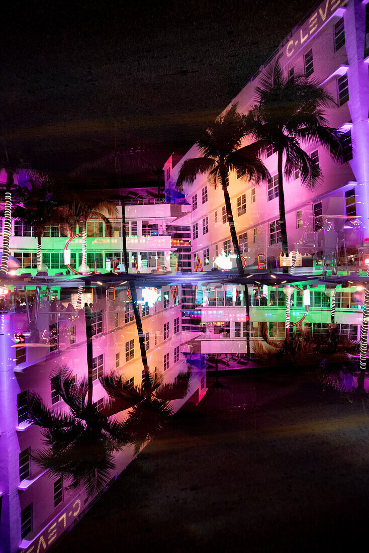 Double exposure of the Clevelander hotel on South Beach in Miami, Florida