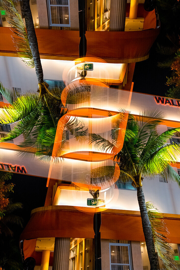 Double exposure of a Art Deco hotel on South Beach in Miami, Florida