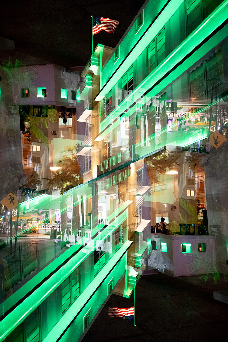 Double exposure of a Art Deco hotel on South Beach in Miami, Florida
