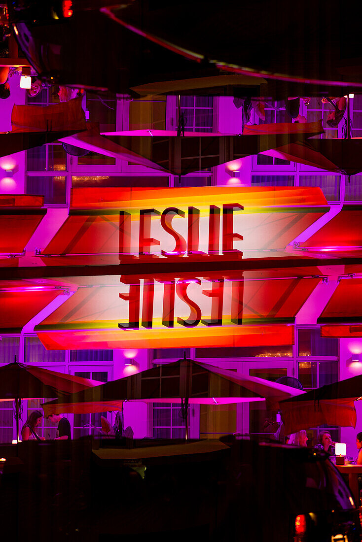 Double exposure of the Leslie hotel on South Beach in Miami, Florida