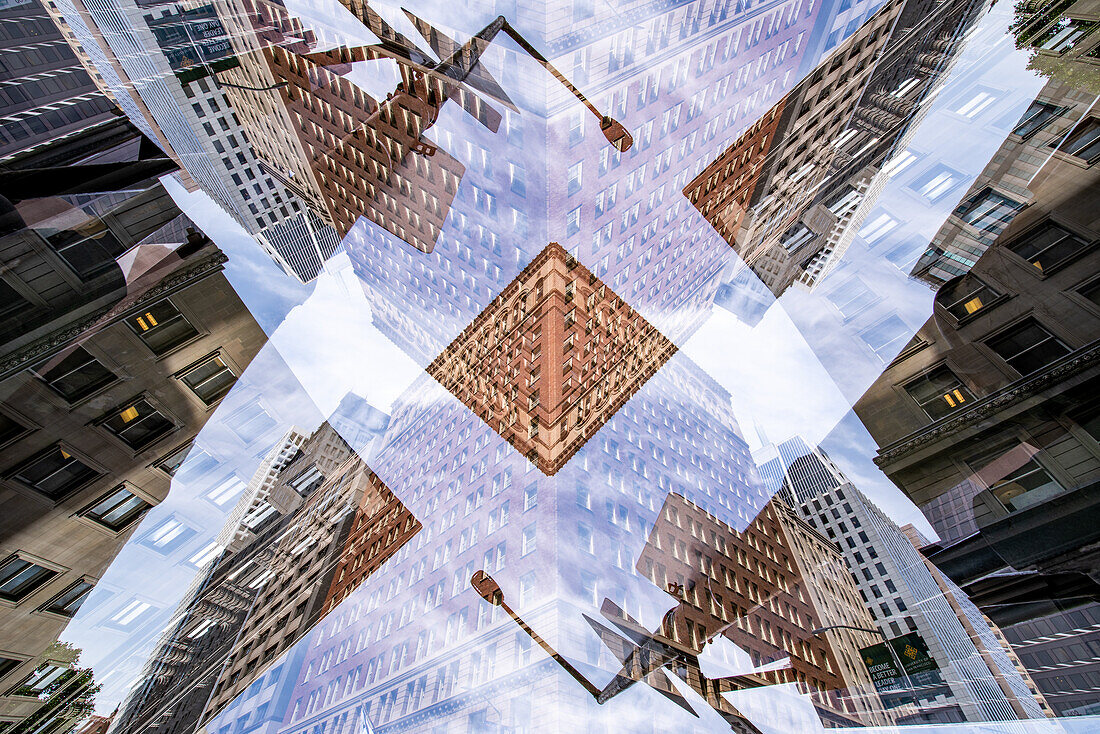 Double exposure of a highrise building on California street with street signs and lampposts in the Financial District area of San Francisco, California.