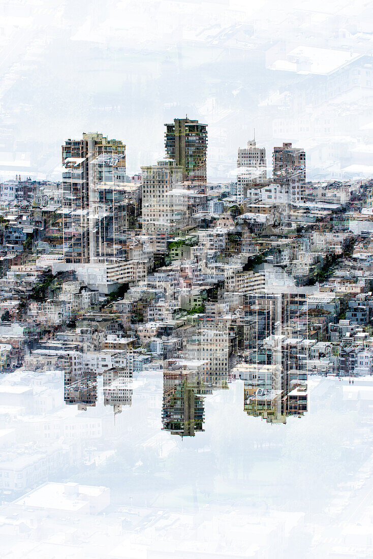 Double exposure of the skyline of San Francisco as seen from the Colt tower vantage point.