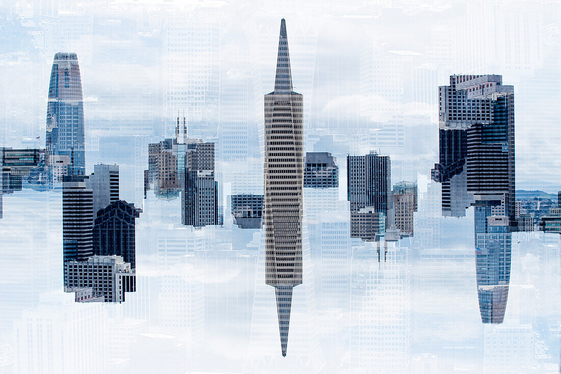 Double exposure of the skyline of San Francisco with the Transamerica Pyramid building as seen from the Colt tower vantage point.