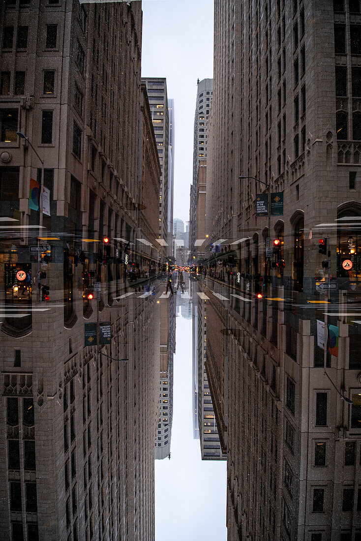 Double exposure of the viewx down Montgomery street in the Financial District area of San Francisco, California.