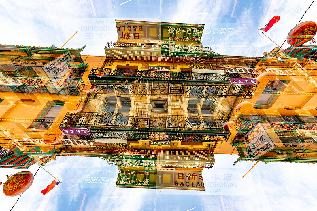 Double exposure of a building on clay street in Chinatown, San Francisco.