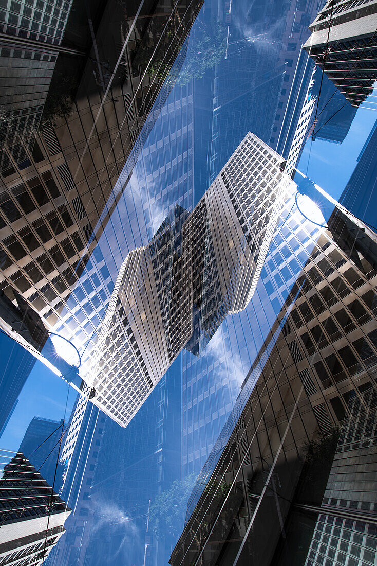 Double exposure of a highrise building on Beale street in the Financial District area of San Francisco, California.