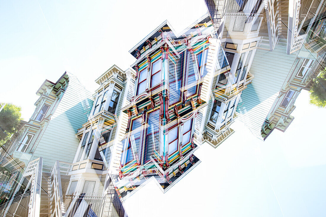 Double exposure of a Victorian style colorful wooden residential building in the famous mission district in San Francisco, California.