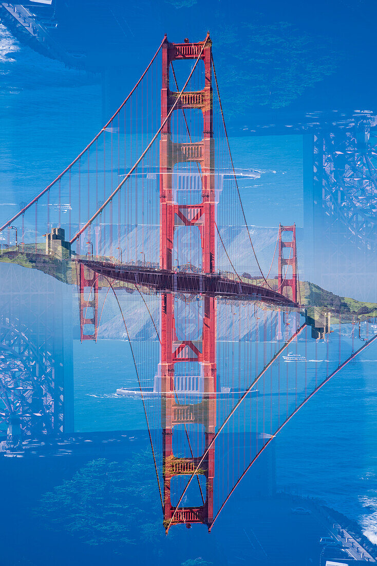 Double exposure of the iconic Golden Gate Bridge as seen from the Golden gate Vista Point South in San Francisco, California.