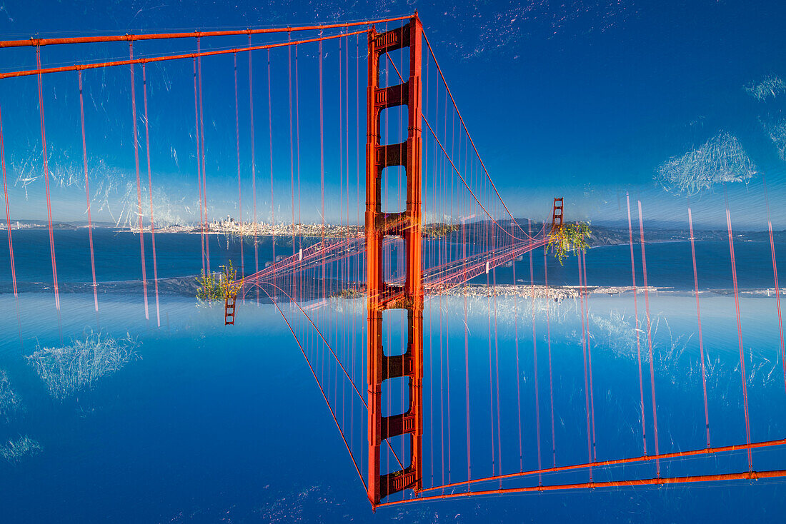 Double exposure of the iconic Golden Gate Bridge in San Francisco, California.