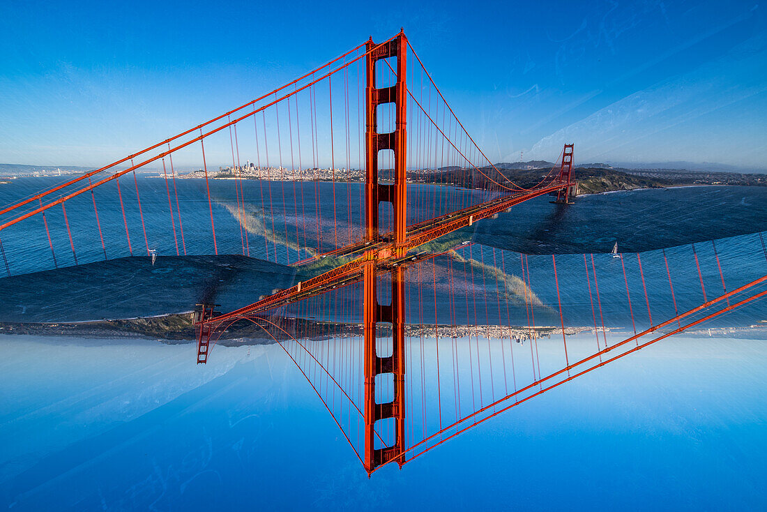 Double exposure of the iconic Golden Gate Bridge in San Francisco, California.