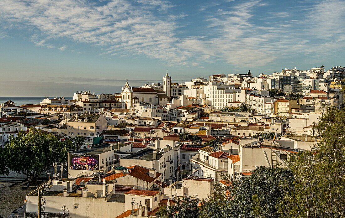 Albufeira old town in the light of the morning sun, Algarve, Portugal