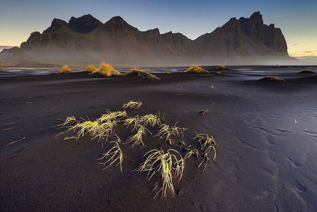 Vestrahorn mountain on Stokksnes black volcanic beach in Iceland.