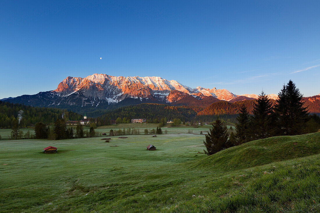 Moon over the Wetterstein Mountains, Elmau Castle, Bavaria, Germany