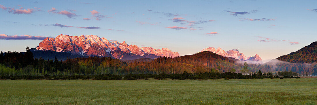 Panoramic view of Wetterstein mountains and Zugspitze massif, Bavaria, Germany