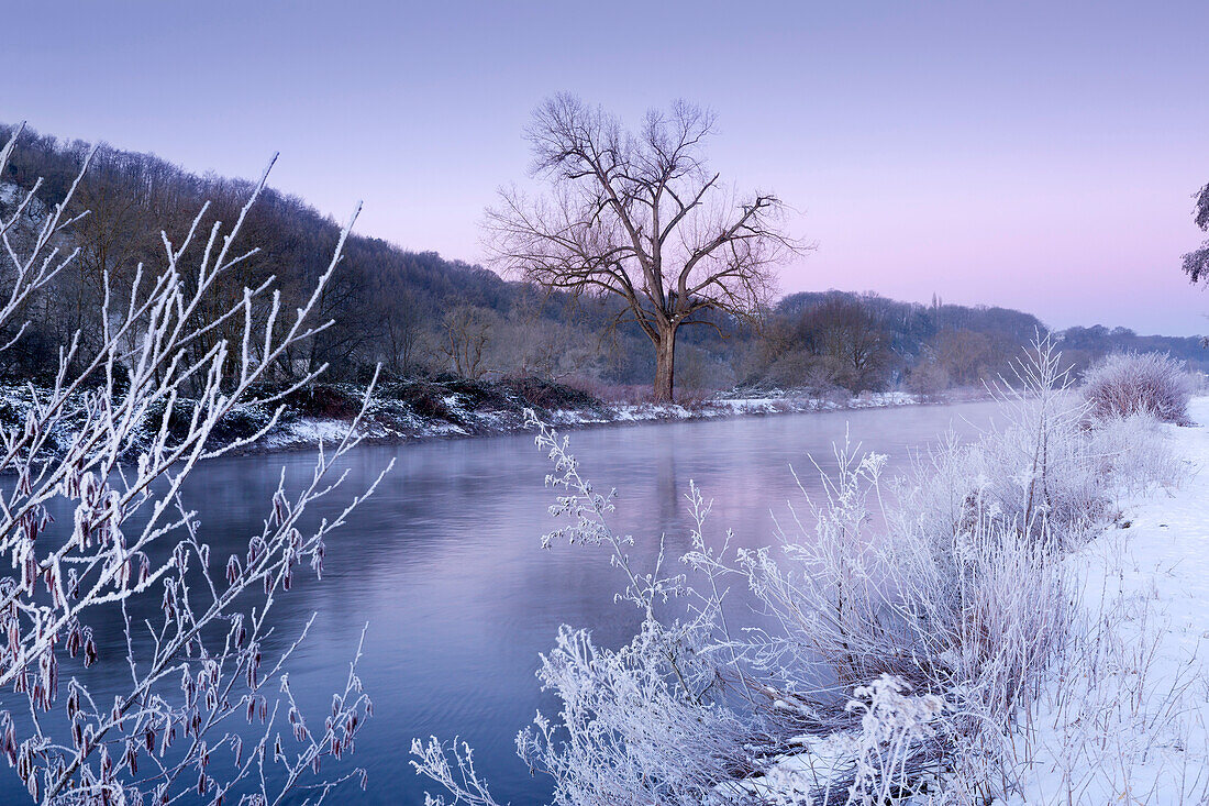 Wintermorgen an der Ruhr, bei Hattingen, Ruhrgebiet, Nordrhein-Westfalen, Deutschland