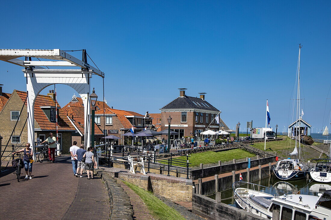 Drawbridge and town, Hindeloopen, Friesland, The Netherlands, Europe