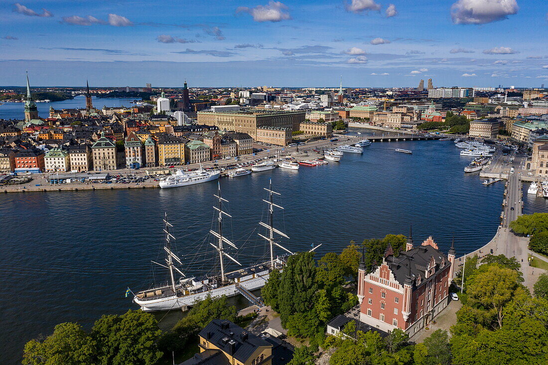 Aerial view of sailing ship (with youth hostel) af Chapman with Gamla Stan old town behind, Stockholm, Sweden, Europe