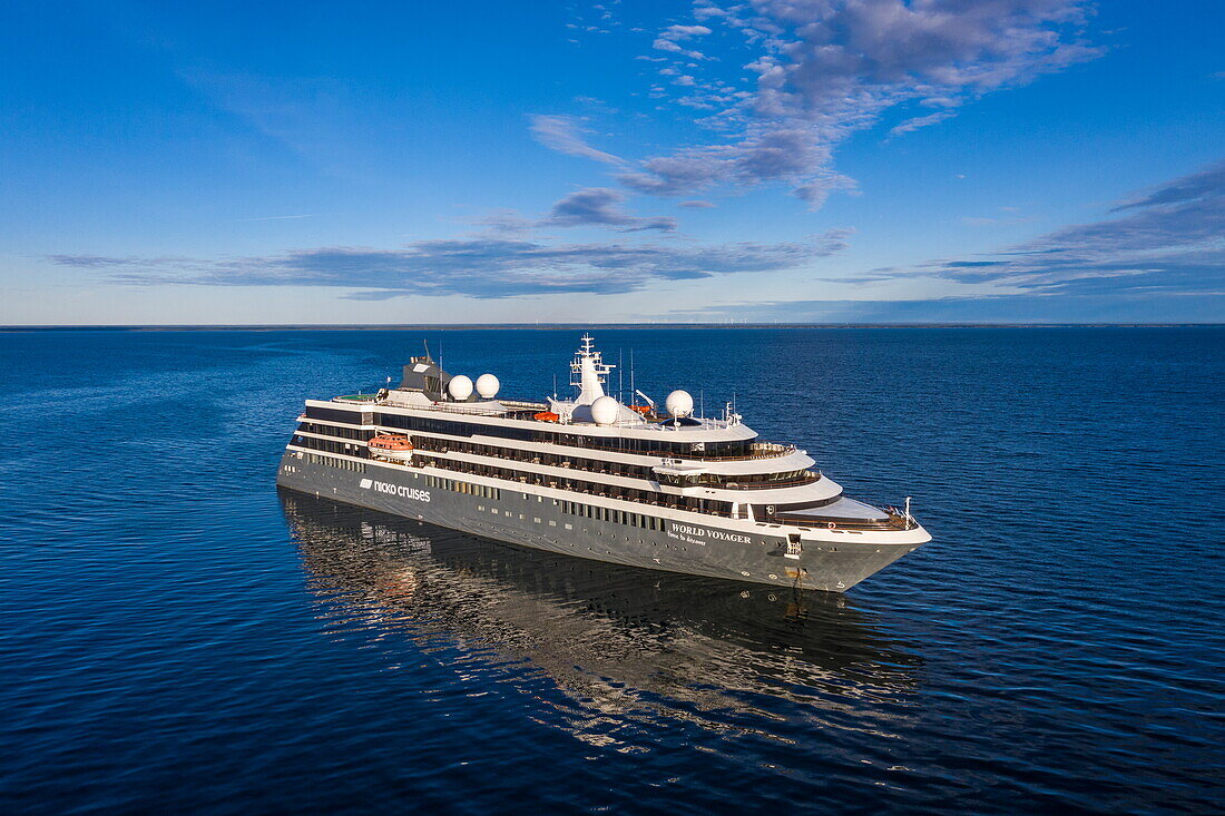 Aerial view of expedition cruise ship World Voyager (nicko cruises) in the Baltic Sea, Borgholm, Oland, Sweden, Europe