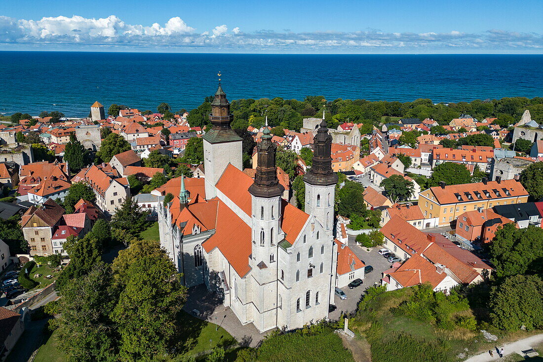 Aerial view of Visby Cathedral in the old town, Visby, Gotland, Sweden, Europe