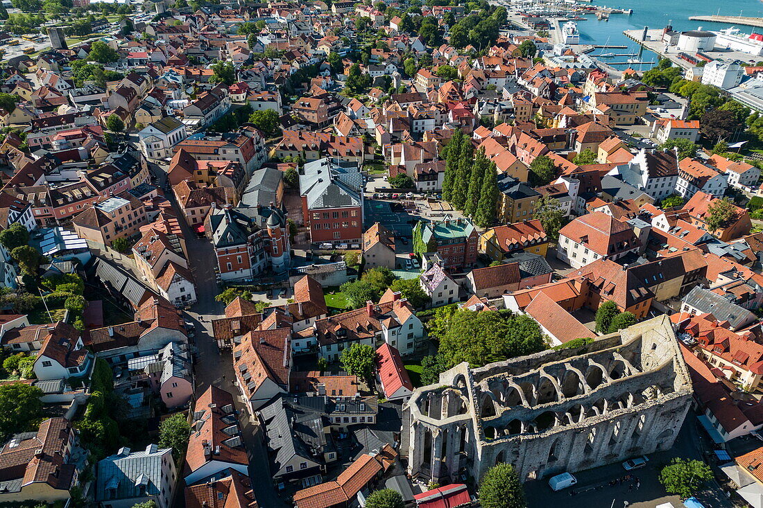 Aerial view of Visby Old Town, Visby, Gotland, Sweden, Europe