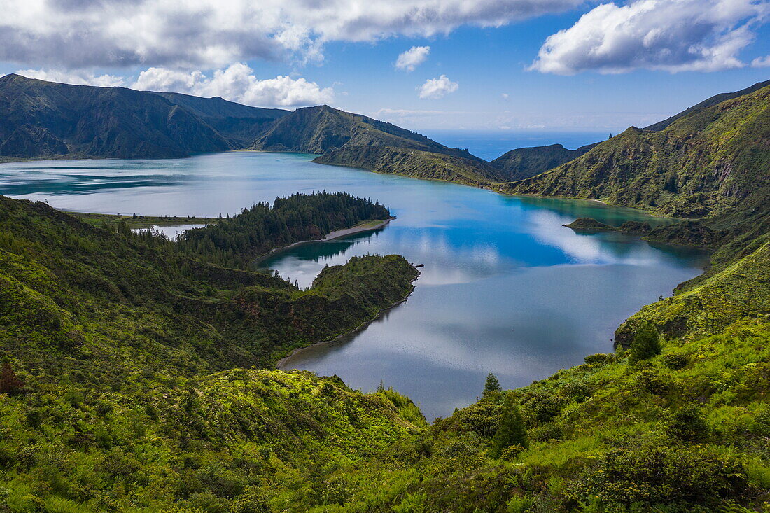 Aerial view of Lagoa do Fogo, near Ribeira Grande, Sao Miguel Island, Azores, Portugal, Europe