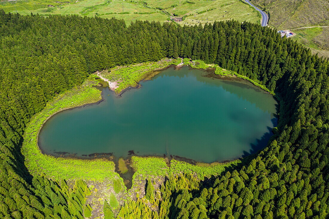 Aerial view of Lagoa do Canário, near Santo António, Sao Miguel Island, Azores, Portugal, Europe