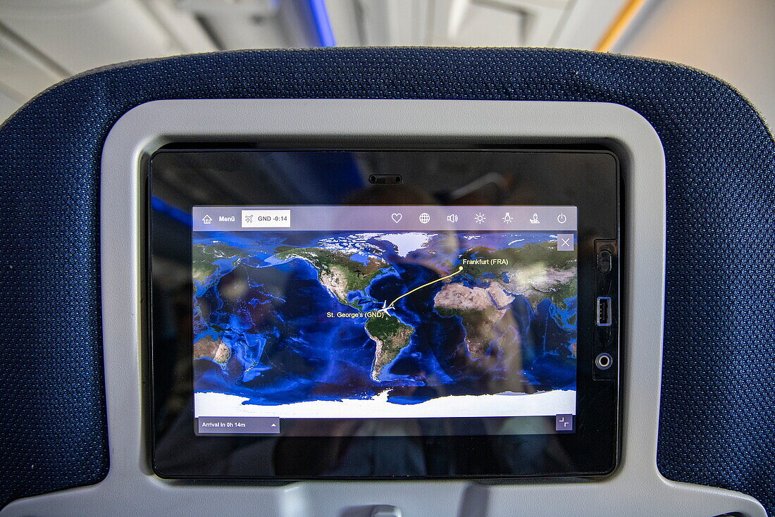 Screen onboard a Condor Boeing B767-300 en route from Frankfurt International Airport (FRA) in Germany to Maurice Bishop International Airport (GND) in Grenada, Caribbean