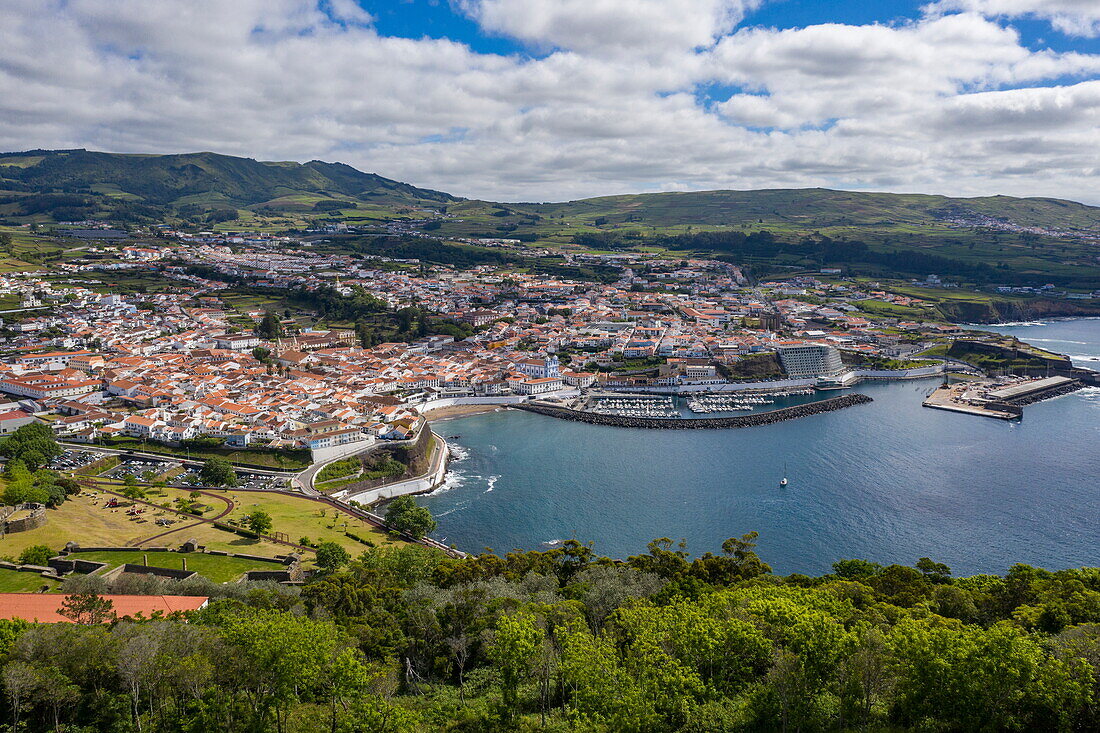 Aerial view of the city from the Miradouro do Pico das Cruzinhas viewpoint, Angra do Heroísmo, Terceira Island, Azores, Portugal, Europe