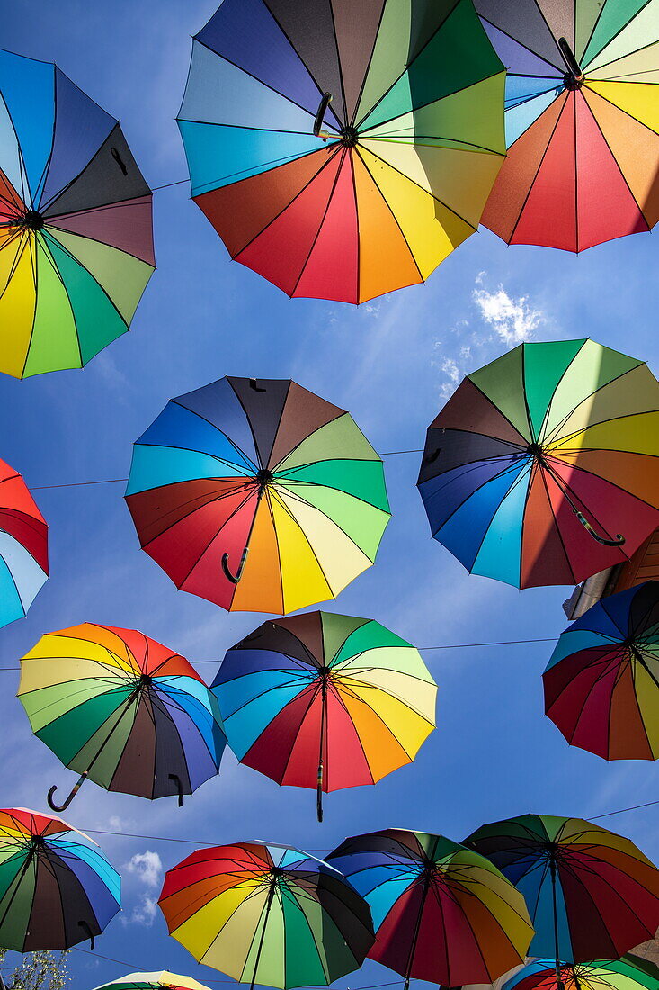 Colorful umbrellas as part of an art installation in an alleyway in the old town, Szentendre, Pest, Hungary, Europe