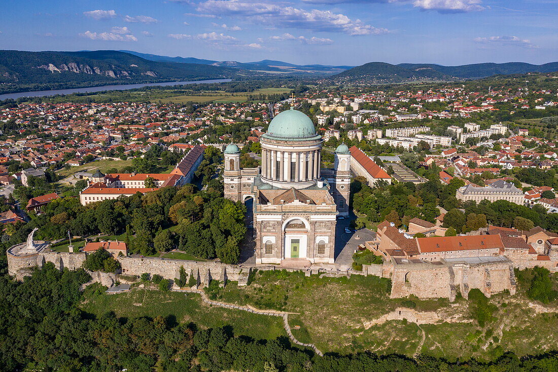 Aerial view of Esztergom Cathedral and town, Esztergom, Komárom-Esztergom, Hungary, Europe