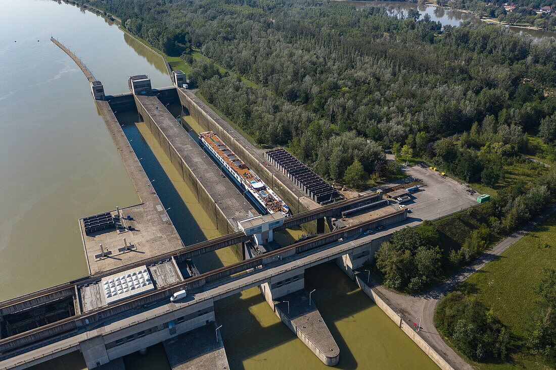 Aerial view of river cruise ship Excellence Empress (travel agency Mittelthurgau) in the Donauschleuse Altenwoerth on the Danube, Altenwoerth, Lower Austria, Austria, Europe