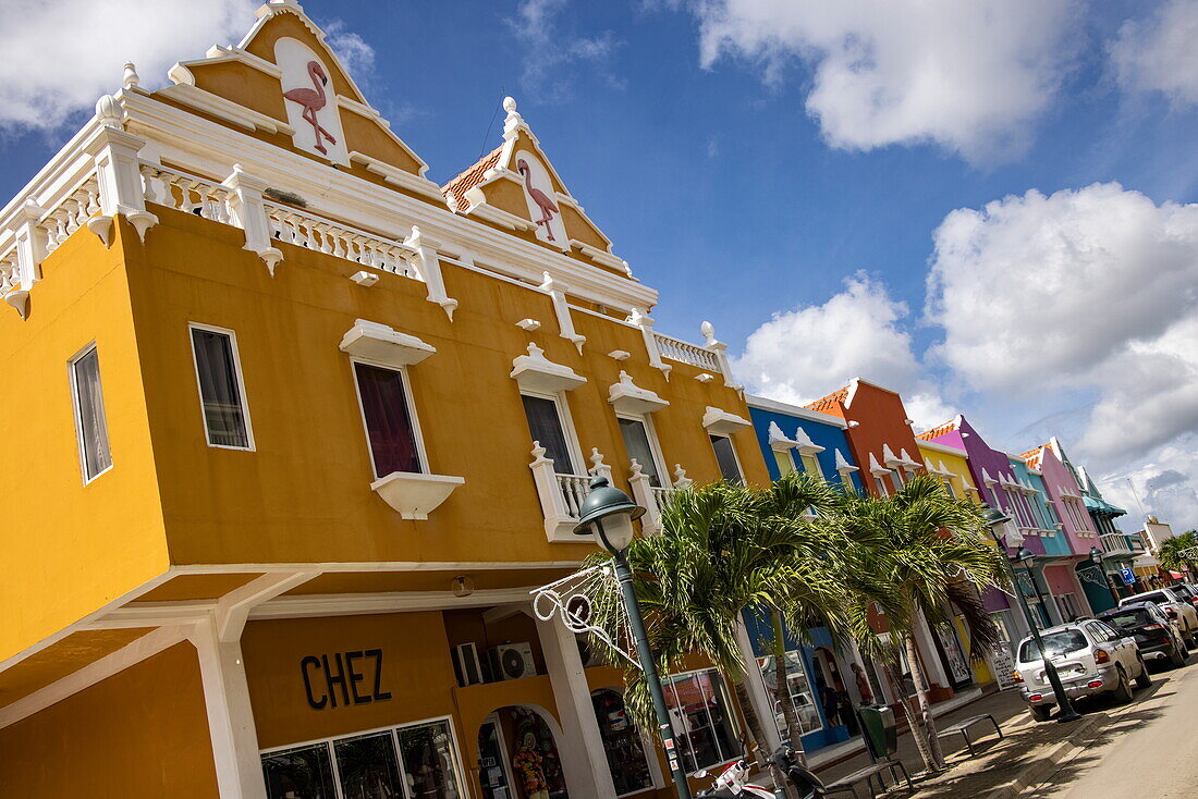 Colorful buildings along the main shopping street, Kralendijk, Bonaire, Netherlands Antilles, Caribbean