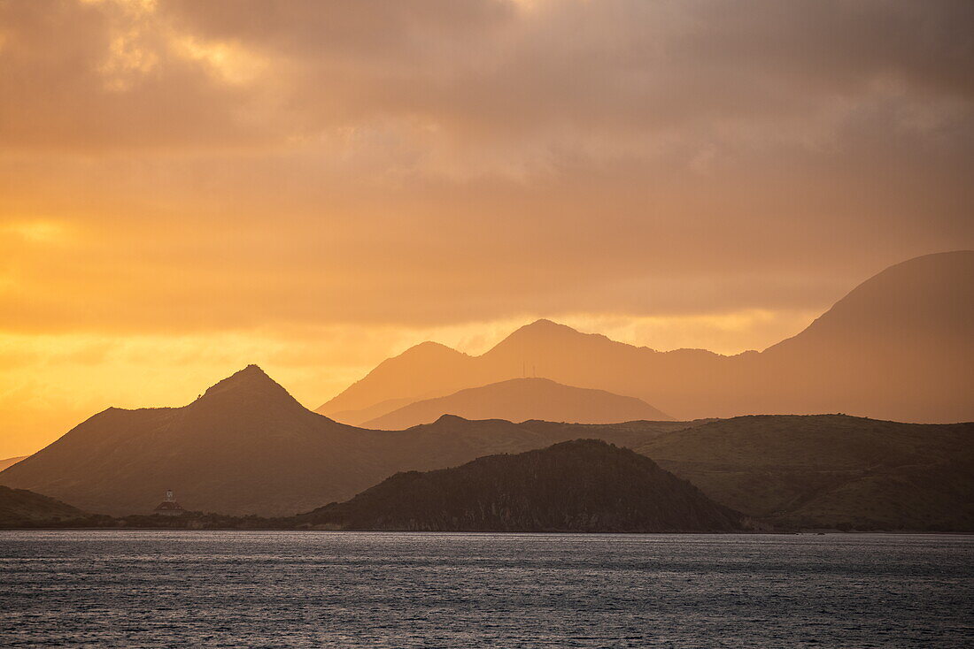 50 shades of gray coast and mountains at sunrise, Saint Kitts Island, Saint Kitts and Nevis, Caribbean