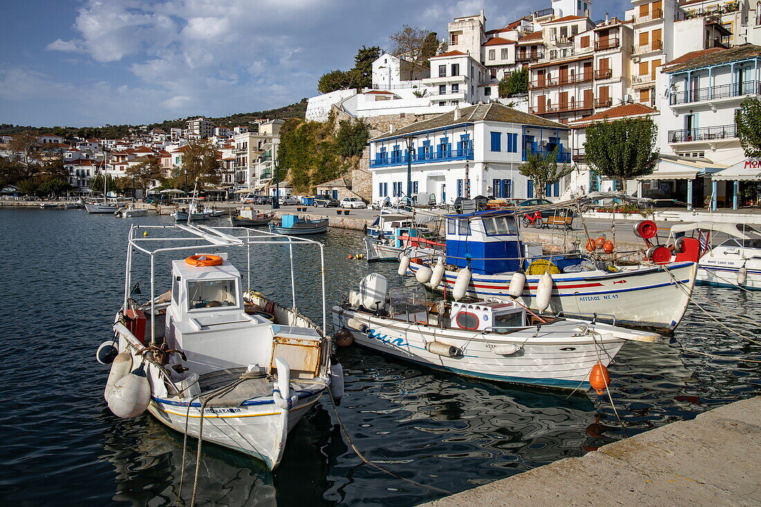 Fishing boats in the harbour, Skopelos, Thessaly, Greece, Europe