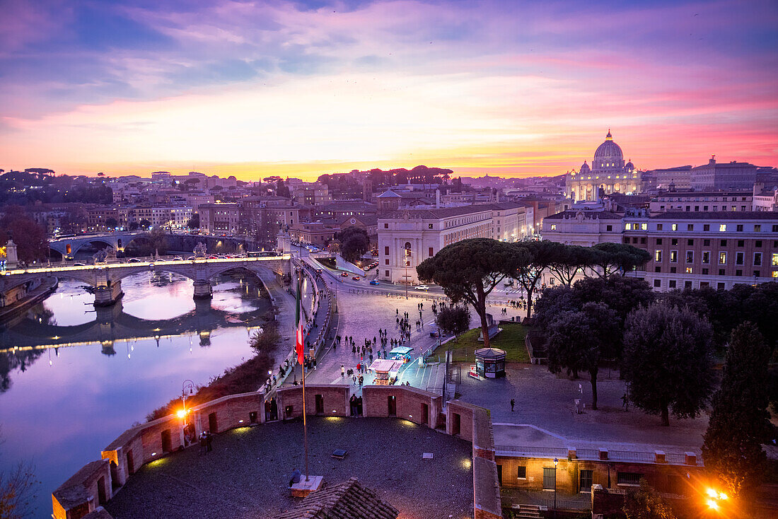 Night time view over the river Tiber of the city of Rome seen from the Castel Sant'Angelo