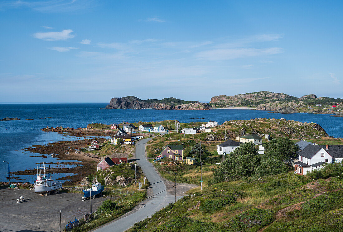Canada, Labrador, Newfoundland, Twillingate, View of fishing village by?Notre Dame Bay