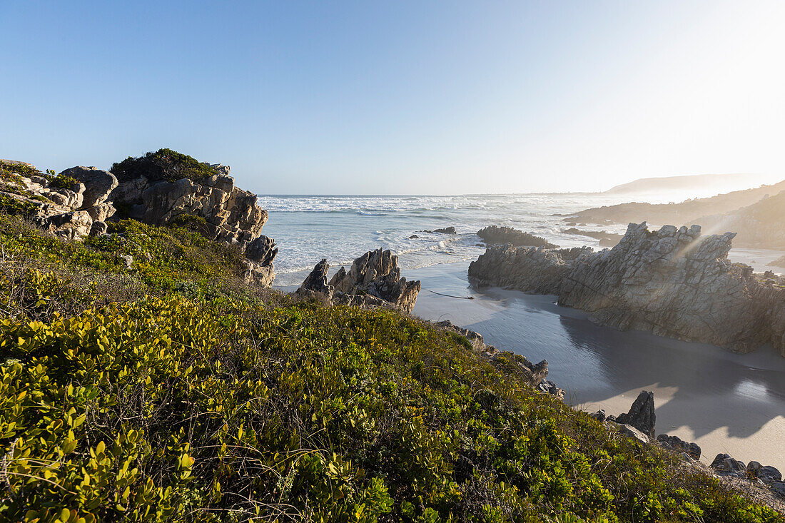 Klippen entlang Voelklip Beach, Hermanus, Südafrika