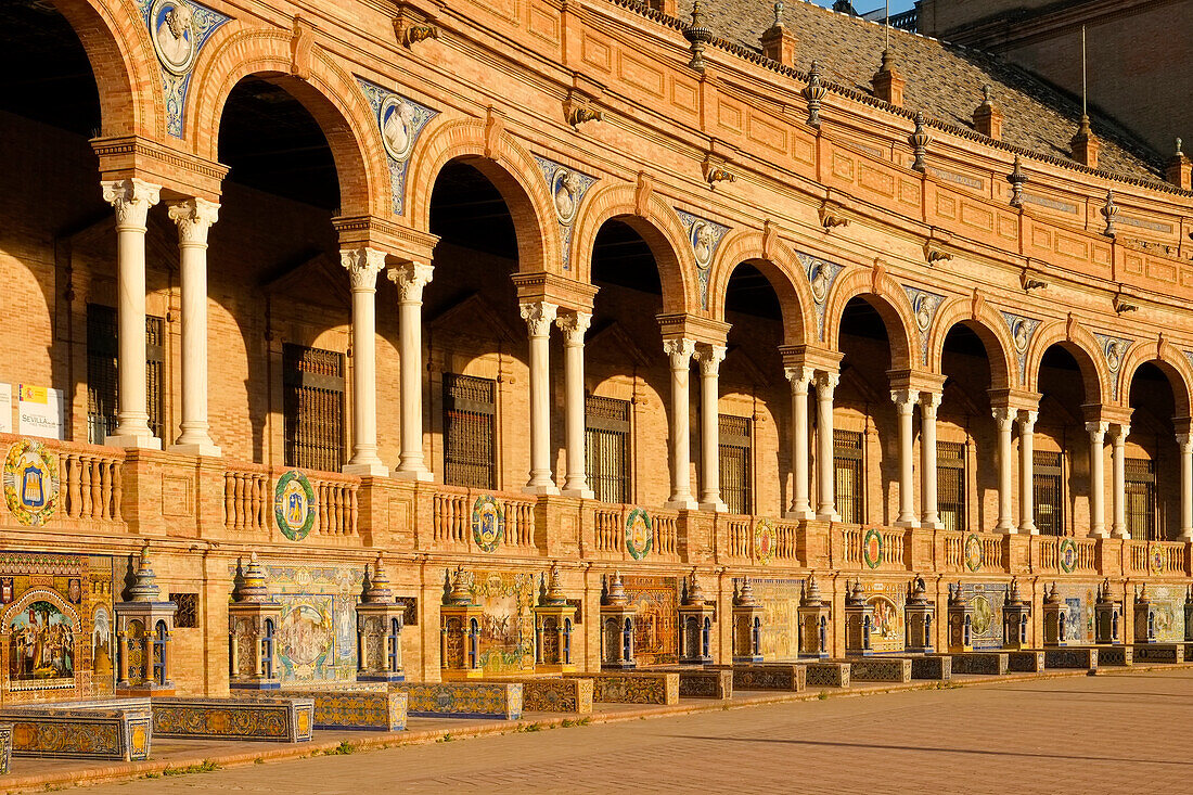Spain, Seville, Gallery of the central building at Plaza de Espagna
