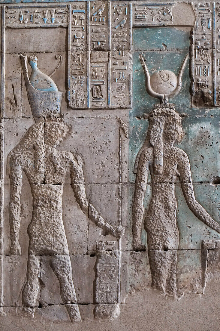Egypt, Esna, Hieroglyphics carved into wall at Temple of Dendarah