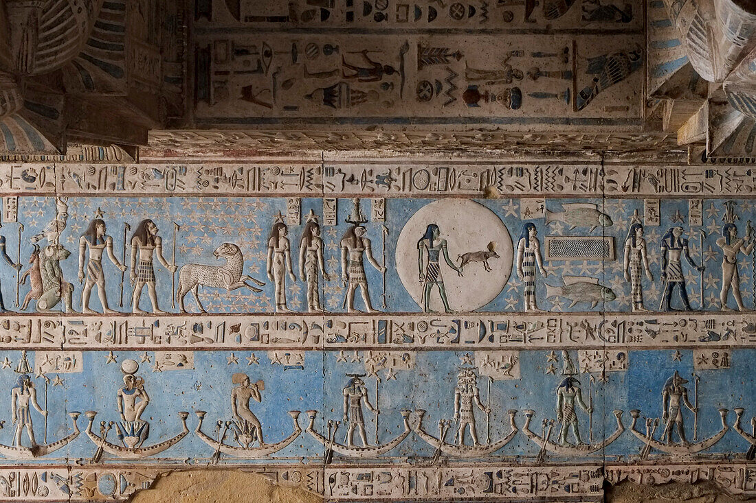 Egypt, Esna, Hieroglyphics carved into ceiling at Temple of Dendarah