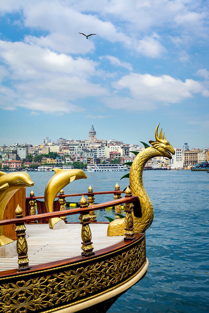 Türkei, Istanbul, Goldschlange und Delfine am Bug des Schiffes am Bosporus