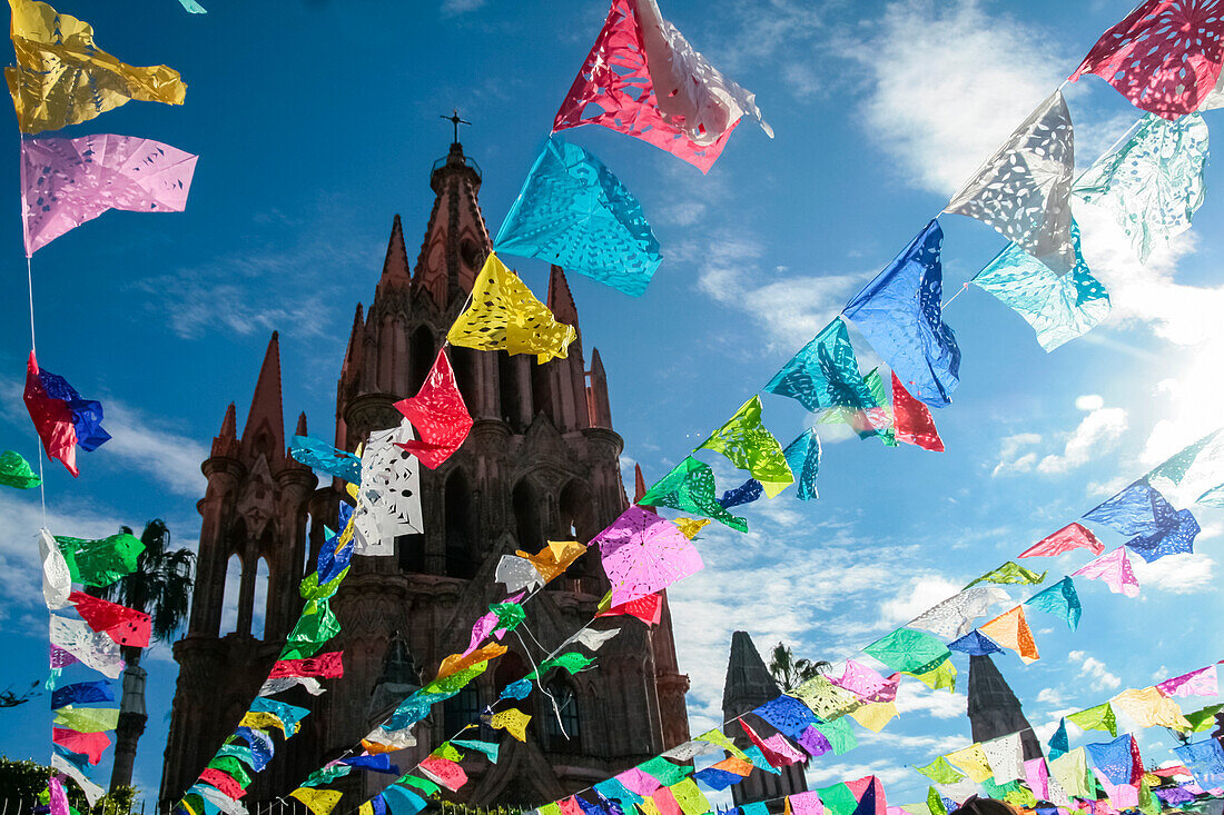 Mexico, San Miguel de Allende, Colorful decorations for Day of the Dead and cathedral