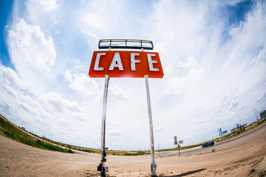 USA, Texas, Adrian, Wide angle view of cafe sign
