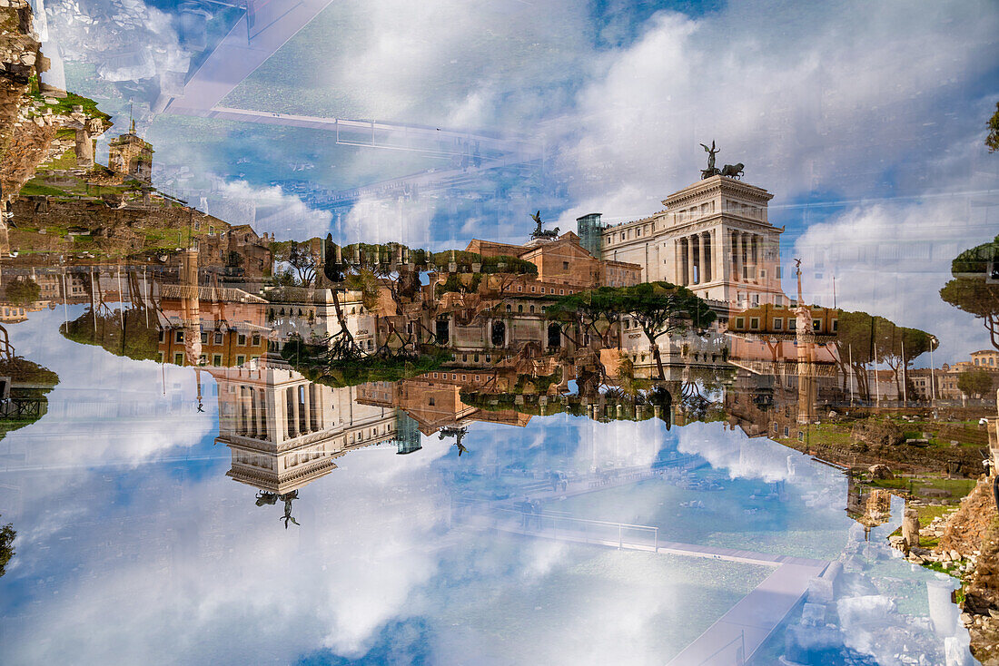 Double exposure of the Roman forum, Palatine hill and the Altare della Patria in Rome, Italy.